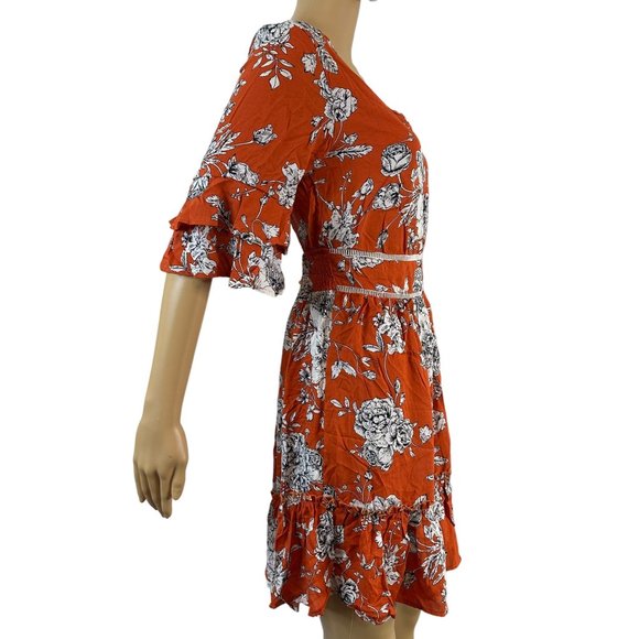 Women Boho Dress Medium M Orange White Floral Hem Ruffled Backless Elastic Waist - Picture 7 of 16